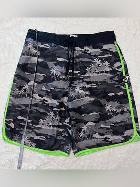 Laguna B Men's Black & Gray Camo Palm Swim Board Shorts with Neon Green Trim
